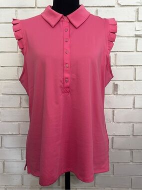 Sigrid Olsen Pink Ruffle Sleeveless Button Polo Tank Golf Tennis Preppy Sz XL